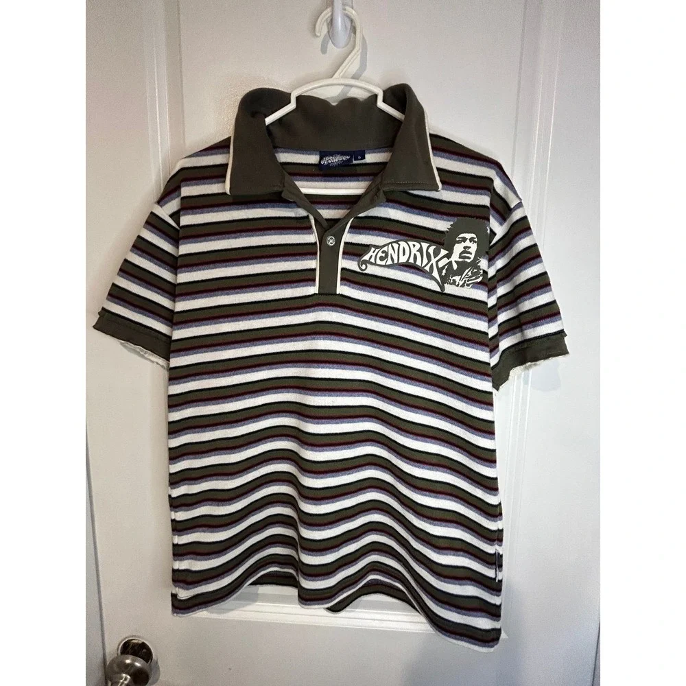 Vintage 90's Y2k Jimmy Hendrix Music Promo Graphic Striped Polo Shirt Mens Small